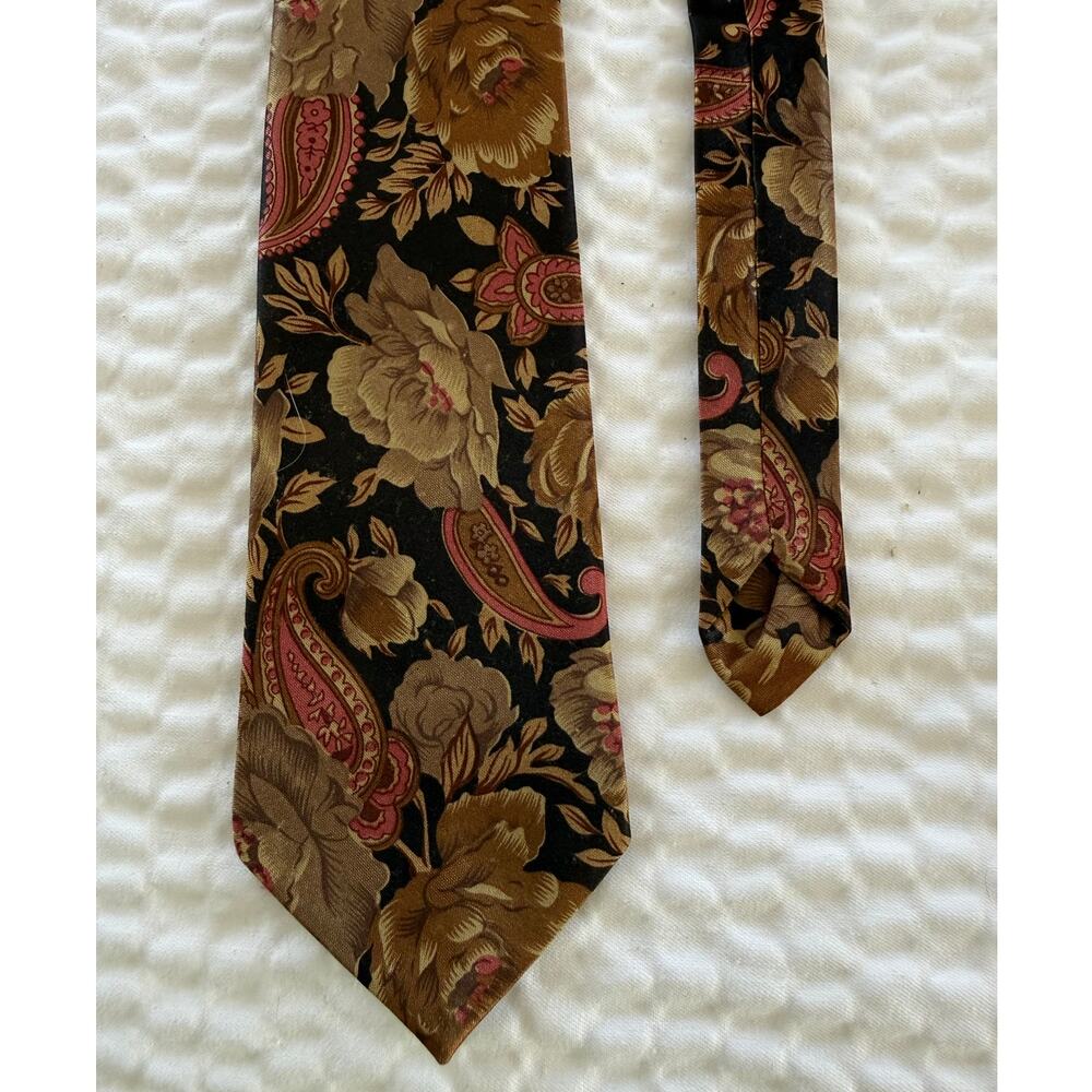 Vintage Italian Pure Silk Floral Paisley Necktie Brown Pink Wide Classic Tie